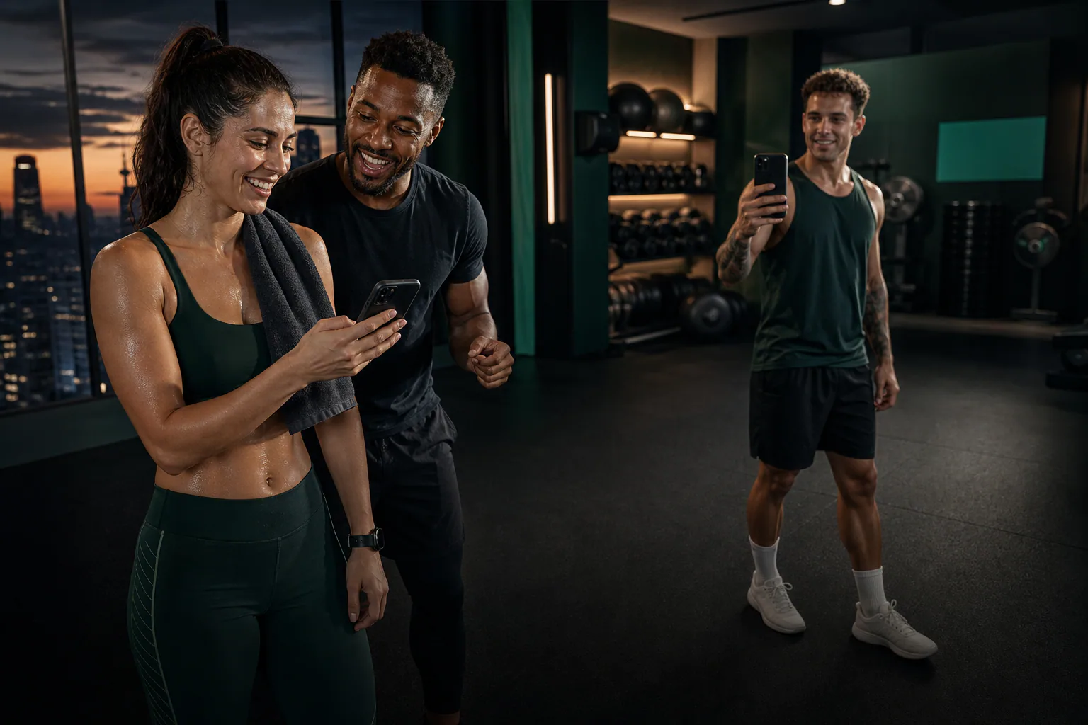 Atleta con entrenador y Fitness Creator Después de la formación