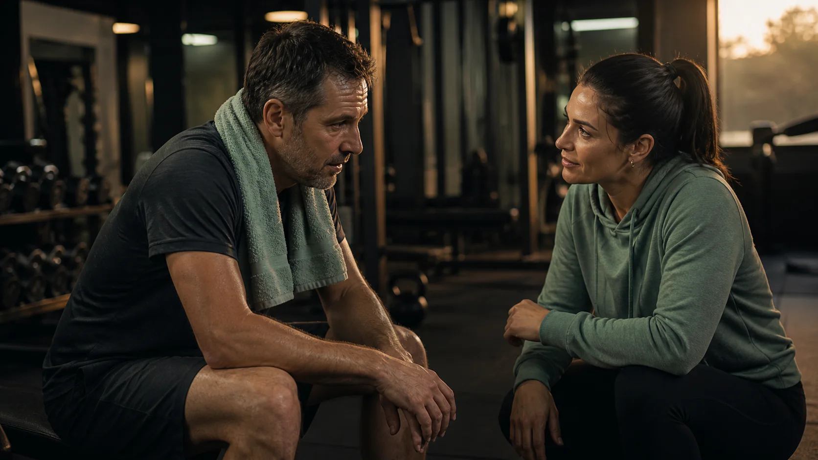 Un entrenador habla con cuidado con un atleta después del entrenamiento