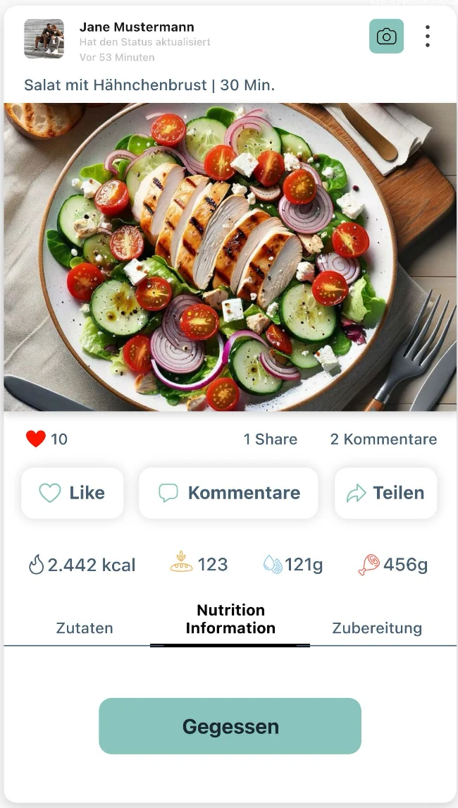 Podzielony posiłek o wartościach odżywczych oraz Mealbook- funkcja w Fitness Nation Obowiązujące